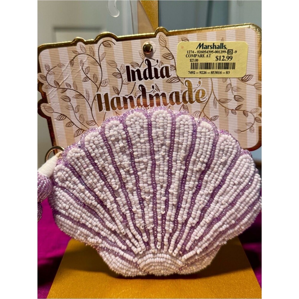 NWT India Handmade Beaded Seashell Coin Pouch Tassel Purple
